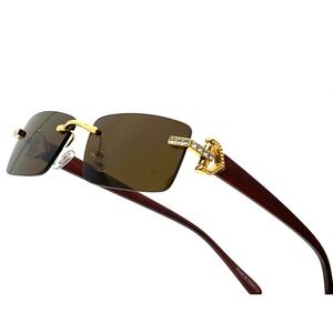 Rimless‎ Sunglasses Wood Grain Frame Gold Accents Brown Lens Men Buffs Hip Hop